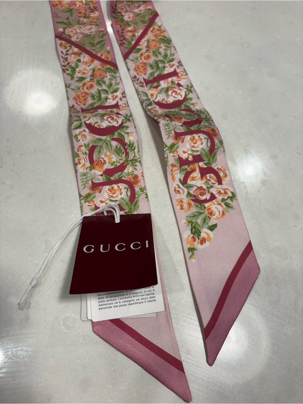 Gucci Pink Floral Silk Hair Scarf with Rose Print